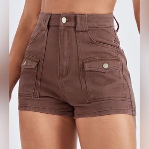 High Wasted Brown Denim Shorts Flap Pocket